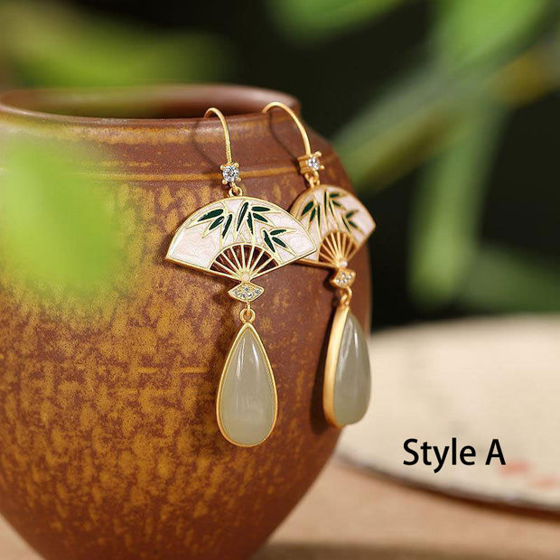 Rhinestone Sector Jade Dangle Drop Earrings
