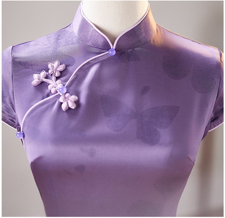 Purple Butterfly Print Cheongsam Qipao Dress