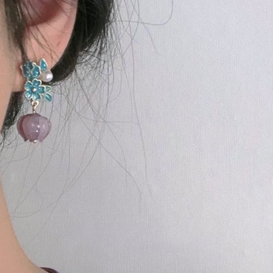 Purple White Glaze Flower Dangle Drop Earrings