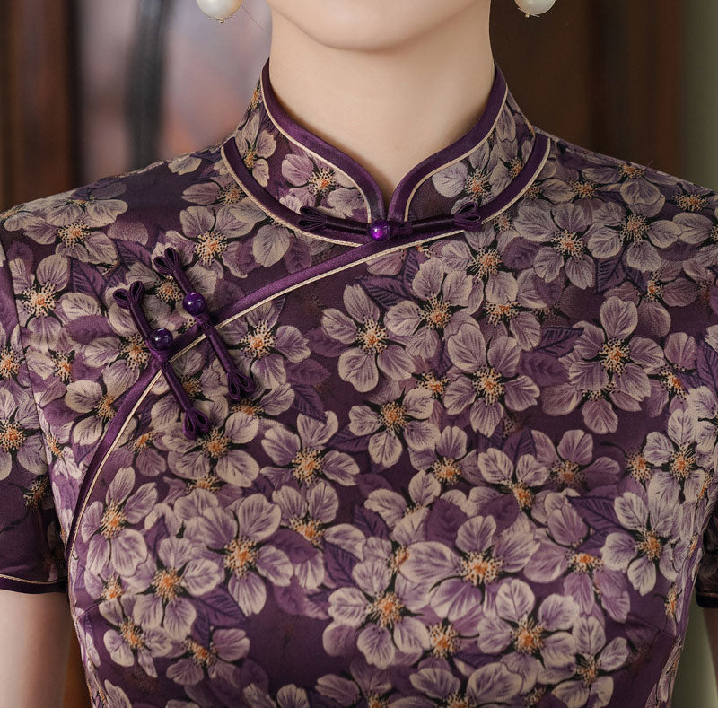 Purple Floral Print Mothers Cheongsam Qipao Dress