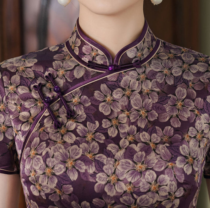 Purple Floral Print Mothers Cheongsam Qipao Dress