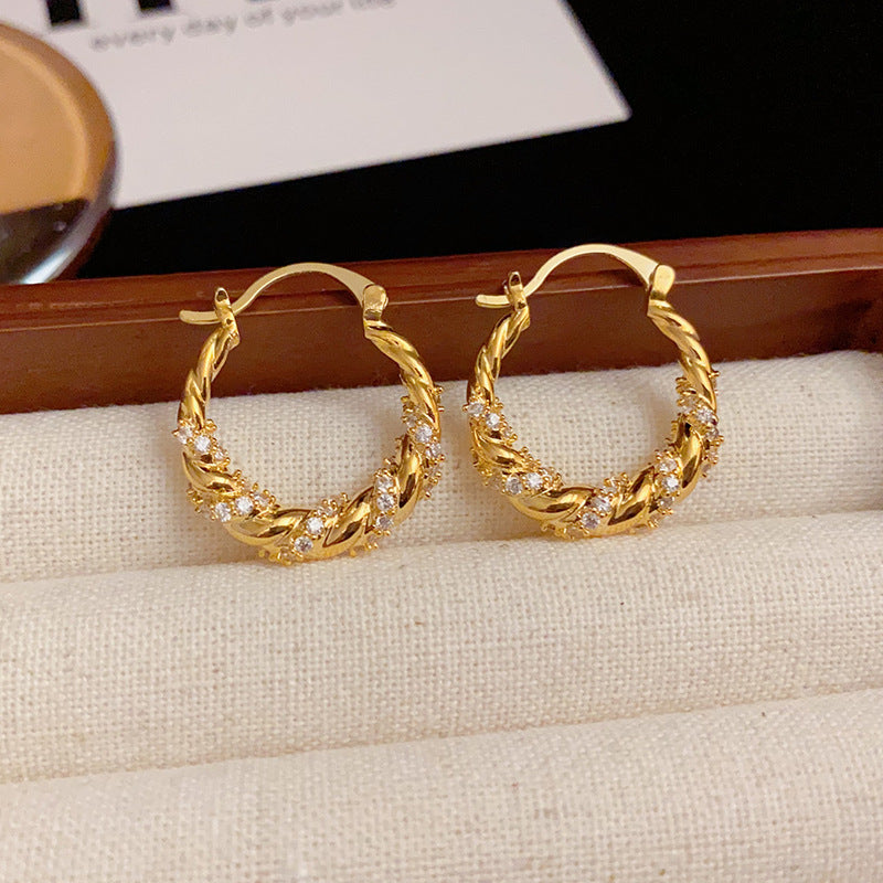 Gold Plated Zirconia Twisted Rope Rhinestone Hoop Earrings