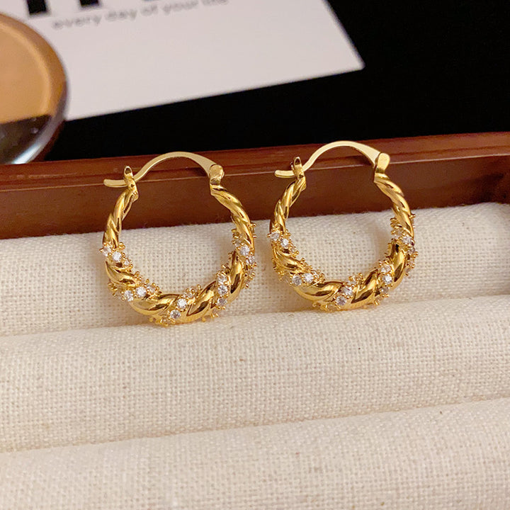Gold Plated Zirconia Twisted Rope Rhinestone Hoop Earrings