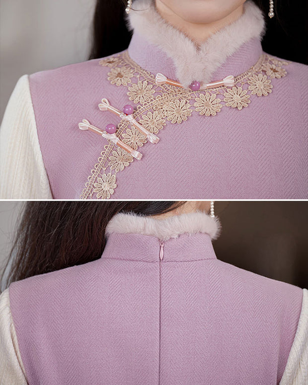 Purple Chenille Winter Cheongsam Qipao Dress