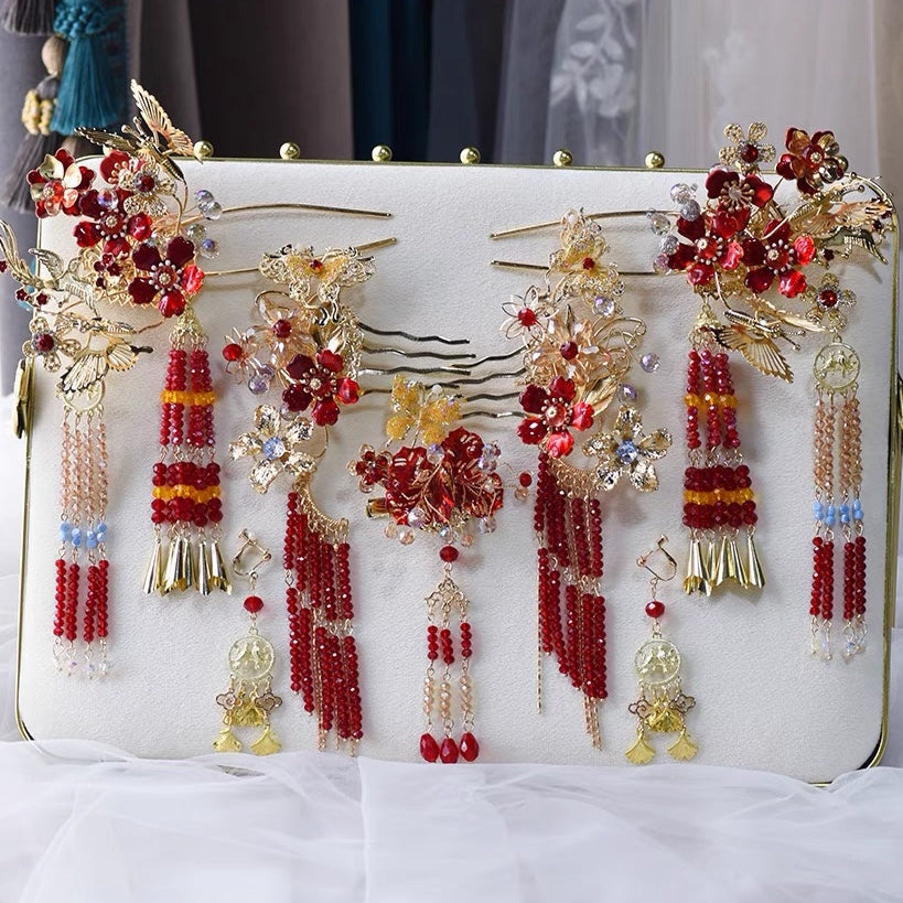 Dangling Tassel Alloy Bridal Pearl Hair Clips Comb & Earrings