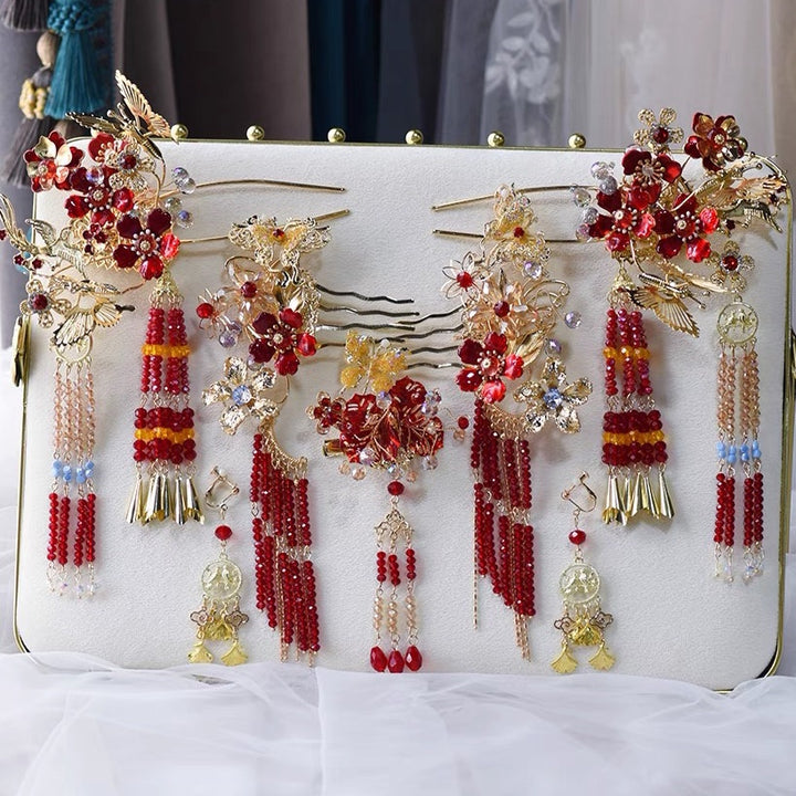 Dangling Tassel Alloy Bridal Pearl Hair Clips Comb & Earrings