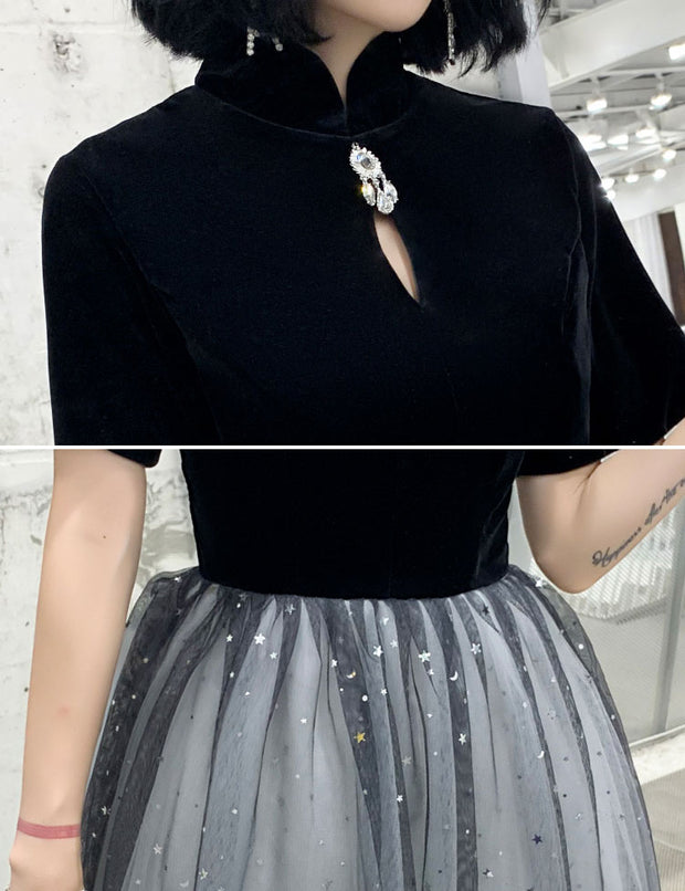 Black Shimmery Star Midi A-Line Qipao Cheongsam Dress