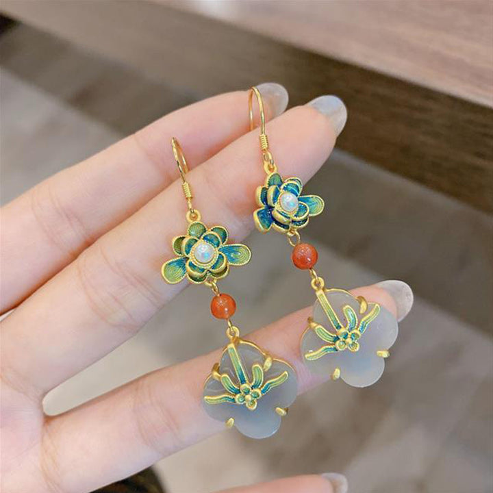 Gold Plated Flower Jade Drop Dangle Earrings