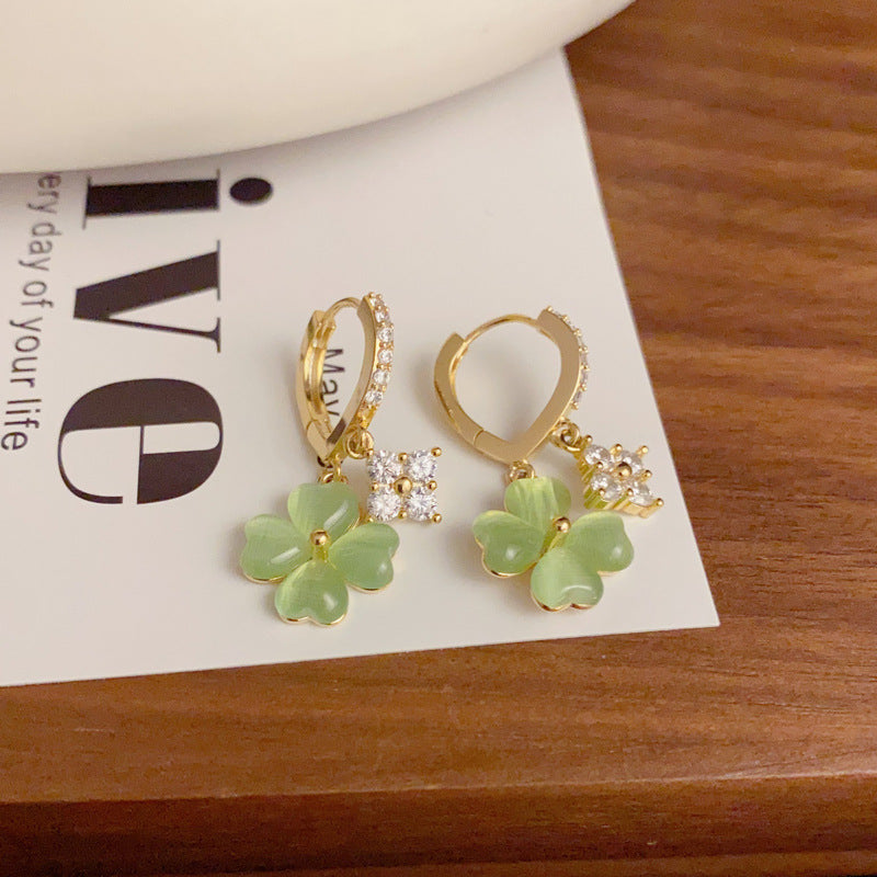 Rhinestone Green Lucky Clover Dangle Drop Earrings