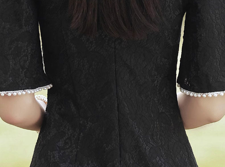 Black Floral Lace Flutter Sleeve Midi Qipao Cheongsam Dress