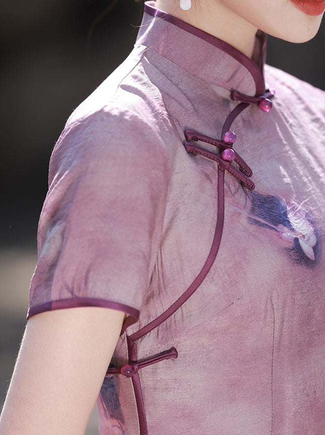 2024 Purple Floral Linen Cheongsam Qipao Dress