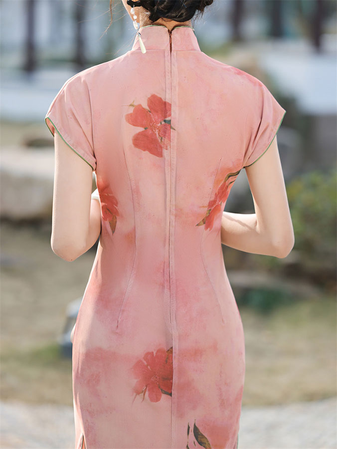 2024 Pink Floral Print Cheongsam Qipao Dress