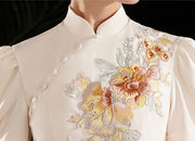 Gray White Embroidered Puff Sleeve Midi Cheongsam Dress