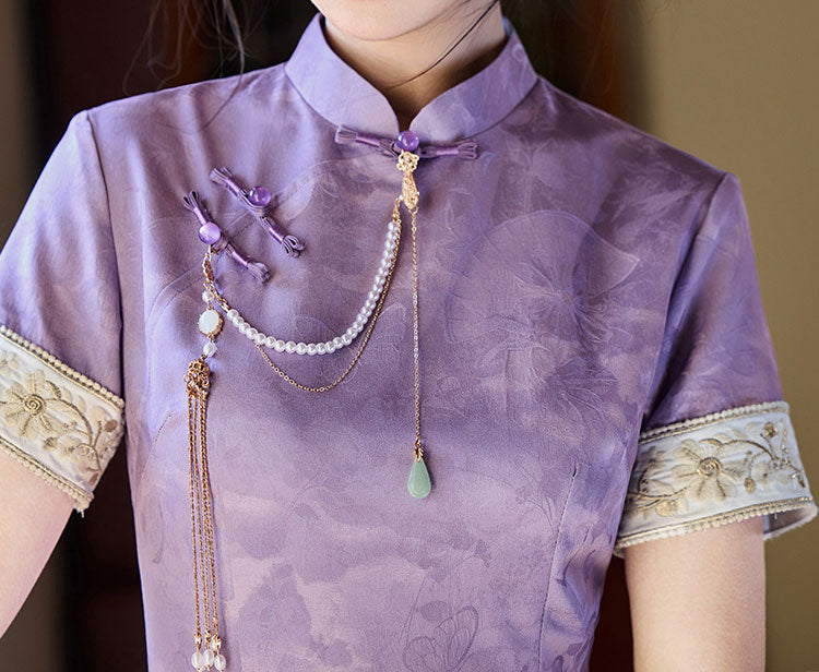 Purple Jacquard Floral Cheongsam Qipao Dress