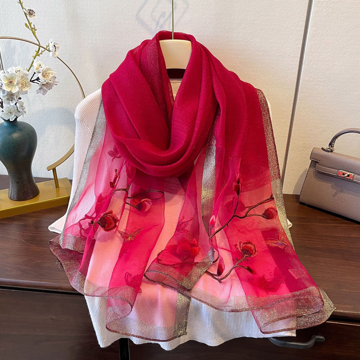 Embroidered Magnolia Floral Mulberry Silk Women Scarf Shawl