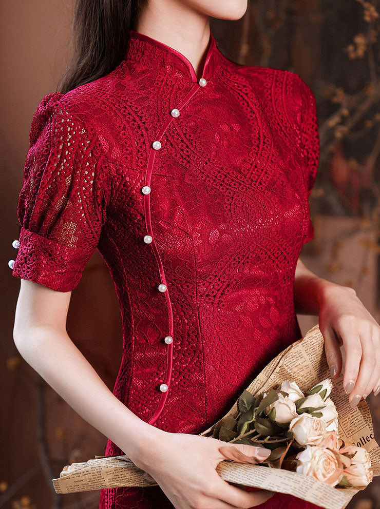Red Lace Wedding Bride Qipao Cheongsam Dress
