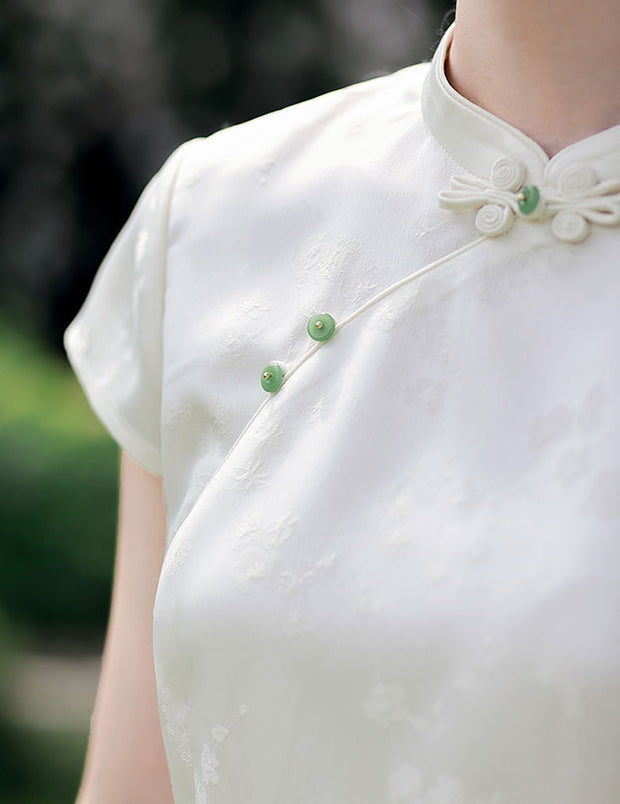 White Jacquard Floral Cheongsam Blouse Top