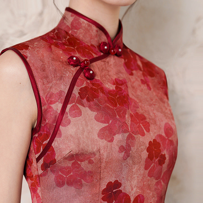 2025 Summer Red Floral Print Cheongsam Qipao Dress