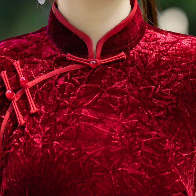 2024 Red Blue Velvet Maxi Cheongsam Qipao Dress