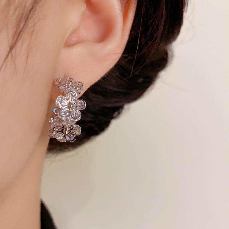 S925 Silver Zirconia Plated Flower Hoop Earrings