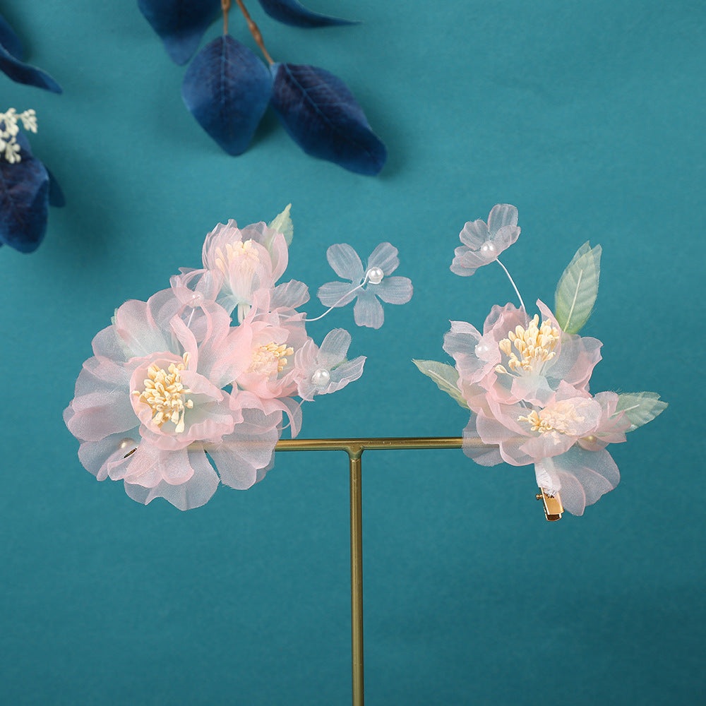 2 Pcs Pink Fabrics Flower Hair Pins Clips