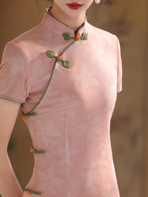 2025 Pink Floral Midi Cheongsam Qipao Dress