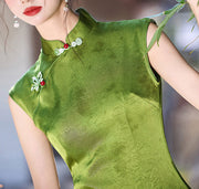 Green Yellow Butterfly Sleeveless Cheongsam Qipao Dress