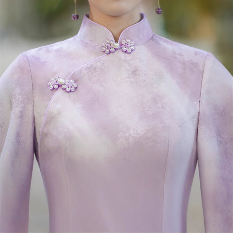 Purple Pink Floral Flutter Sleeve Cheongsam Qipao Dress