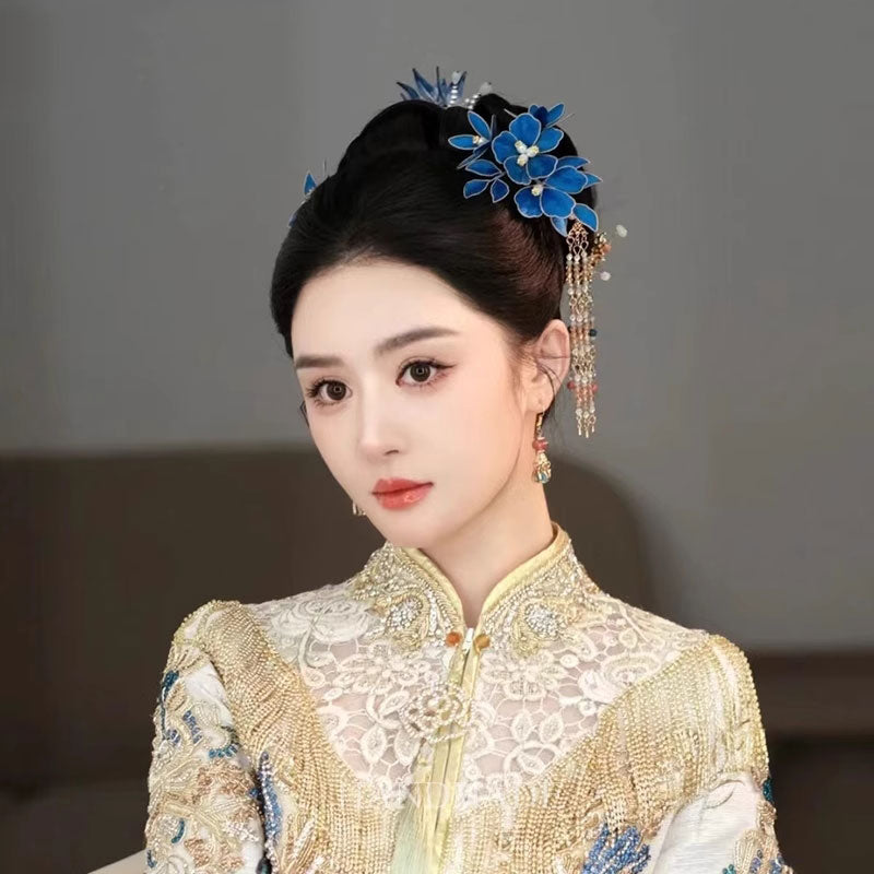 3 Pcs Blue Wedding Flower Hair Clips Pins & Earrings