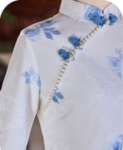 White Floral Bell Sleeve Cheongsam Qipao Dress