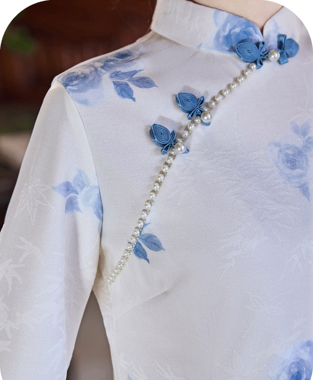 White Floral Bell Sleeve Cheongsam Qipao Dress