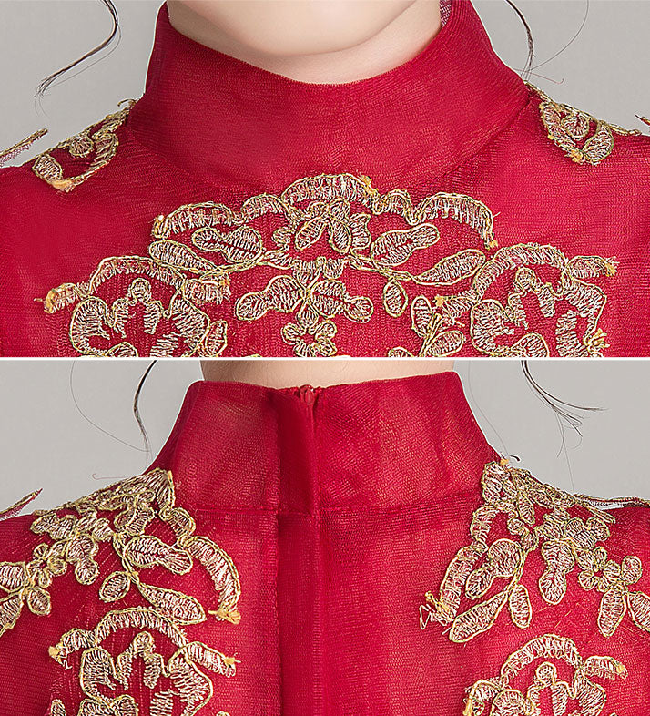 Gold Red Girls High Low Wedding Birthday Cheongsam Dress