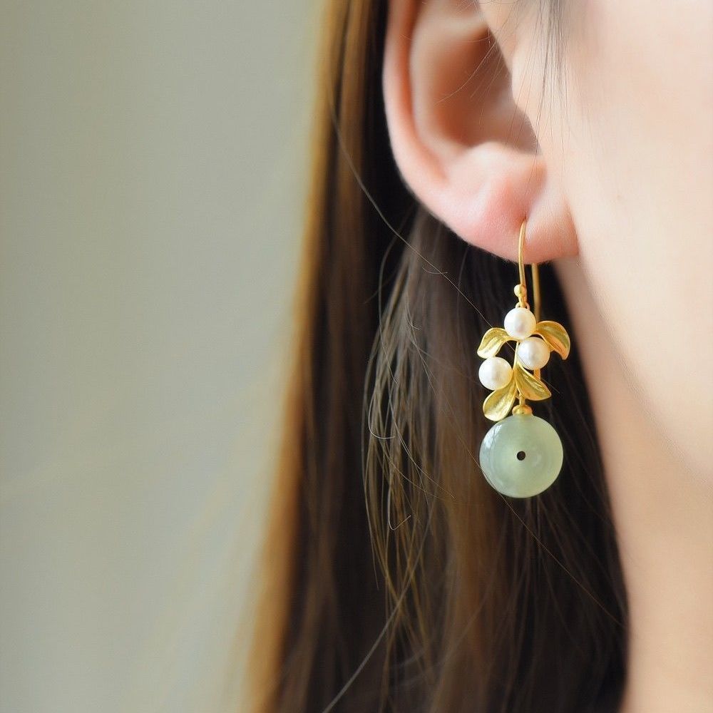 Gold Plated Leaf Pearl Jade Drop Dangle Earrings