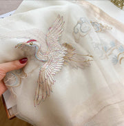 Embroidered Crane Bird Mulberry Silk Women Scarf Shawl