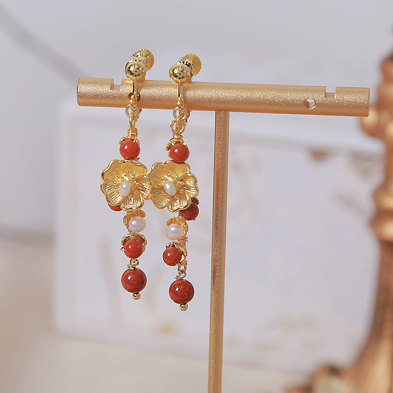 Pearls Agate Alloy Flower Dangle Clip-on Hook Earrings