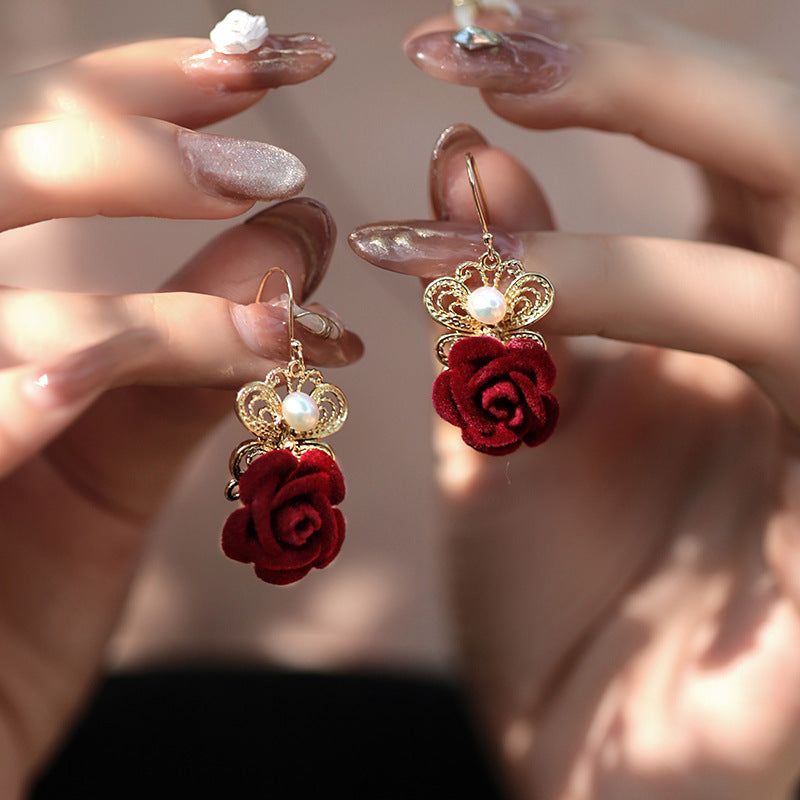 Red Fabric Rose Pearl Drop Dangle Earrings