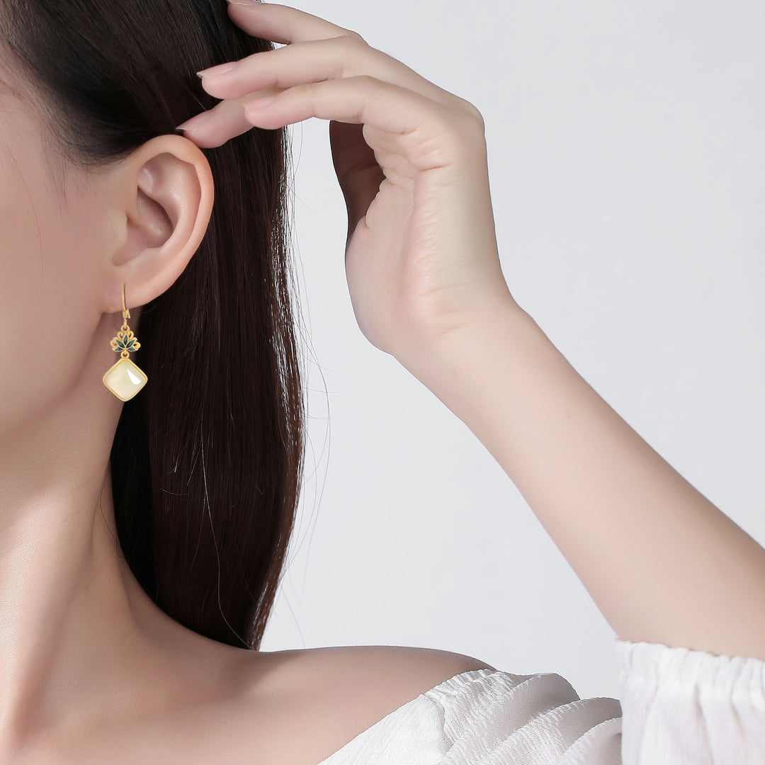 Gold Plated Lotus Jade Drop Dangle Earrings