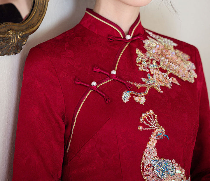 Red Sequins Phoenix Wedding Bridal Midi Cheongsam Qipao Dress