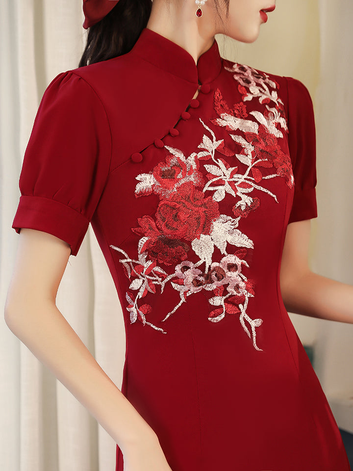 Burgundy Appliques Thigh Split Wedding Cheongsam Qipao Dress