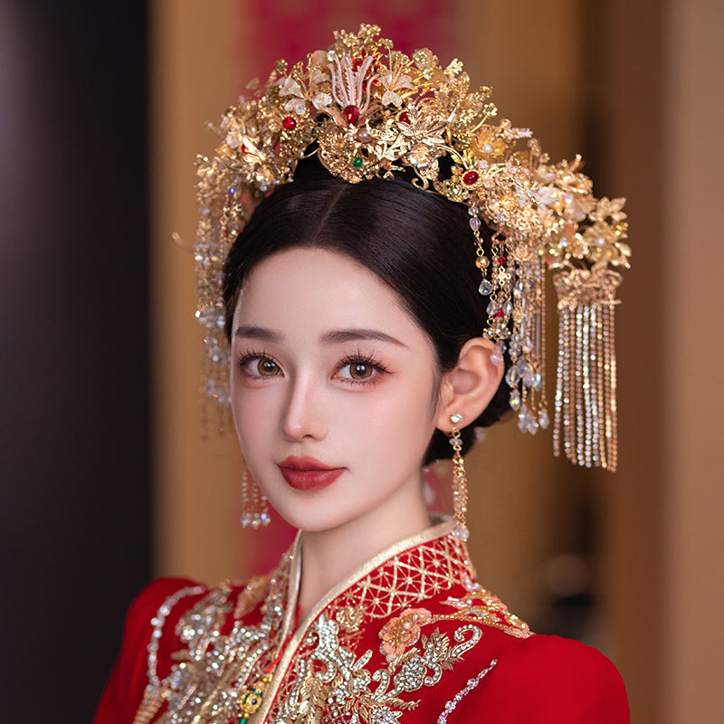 Vintage Gold Tone Tassels Bridal Hair Crown Pins & Earrings