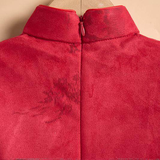 Red Print Suede Kids Girls Qipao Cheongsam Dress