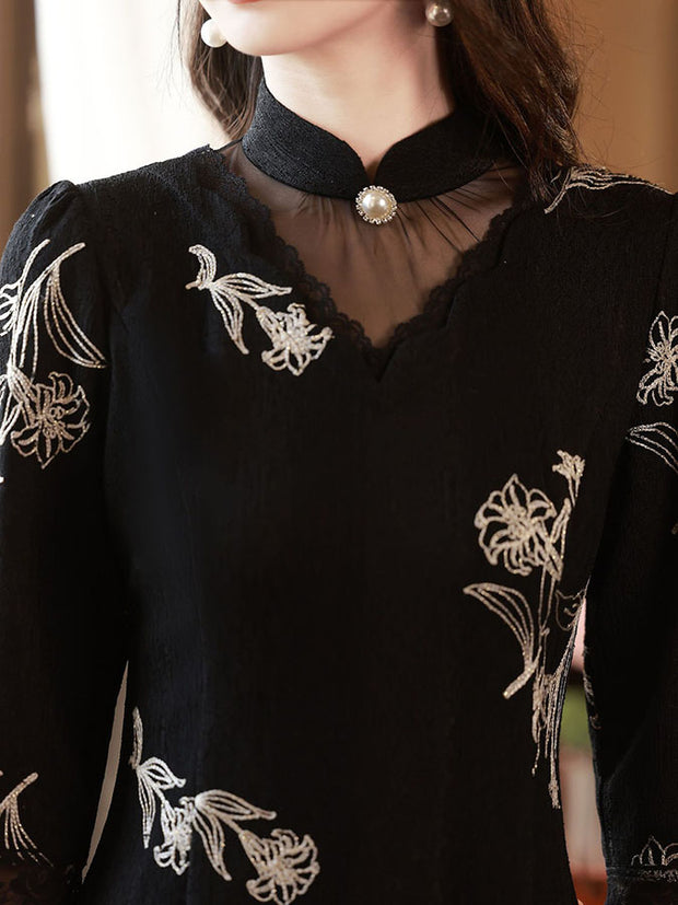 Black Beige Embroidered Midi Winter Cheongsam Qipao Dress