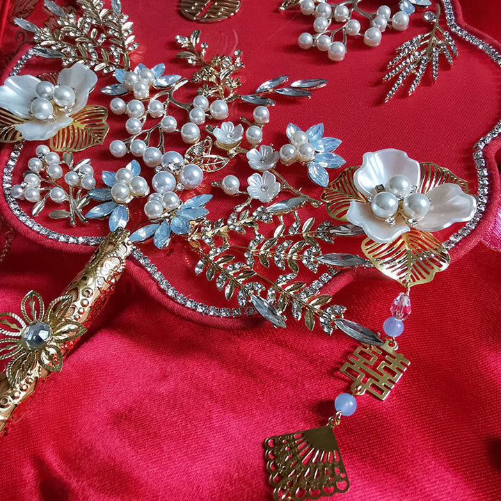Red Pearl Floral Bride Wedding Hand Held Hexapetala Fans