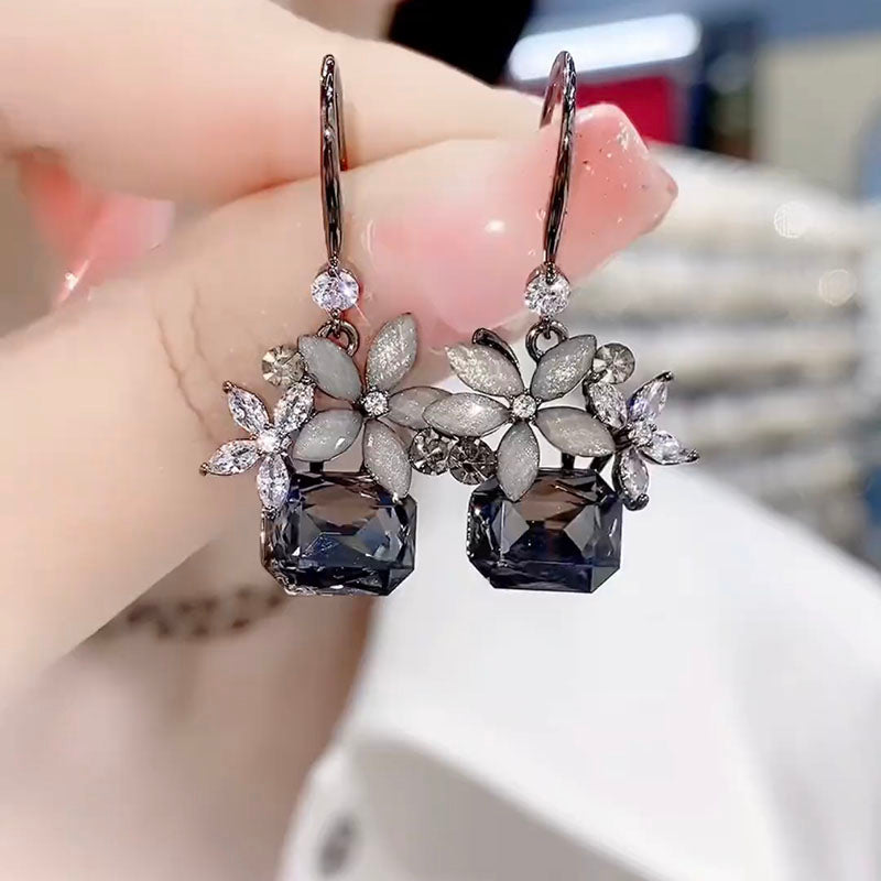Black Rhinestone Flower Jade Dangle Drop Earrings