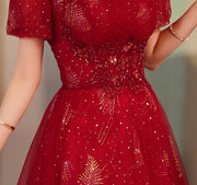 Red Shimmery Fit & Flare Midi Wedding Xiuhe Dress