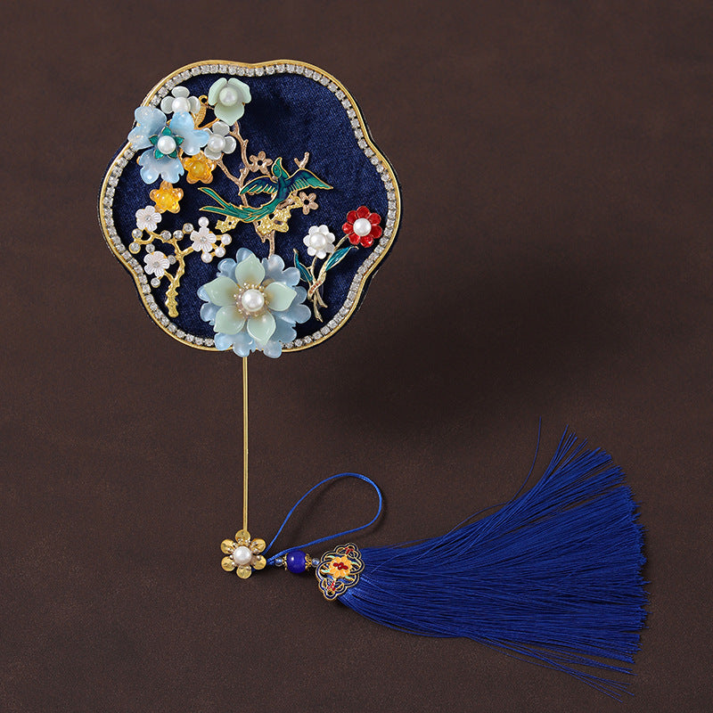 Mini Size Gray Blue Vintage Floral Hand Held Hexapetala Fans