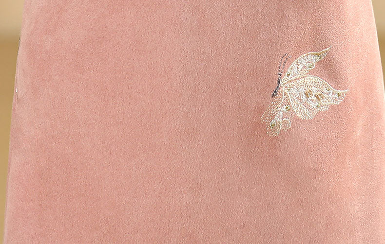 Pink Embroidered Suede Kids Girls Pocket Qipao Cheongsam Dress