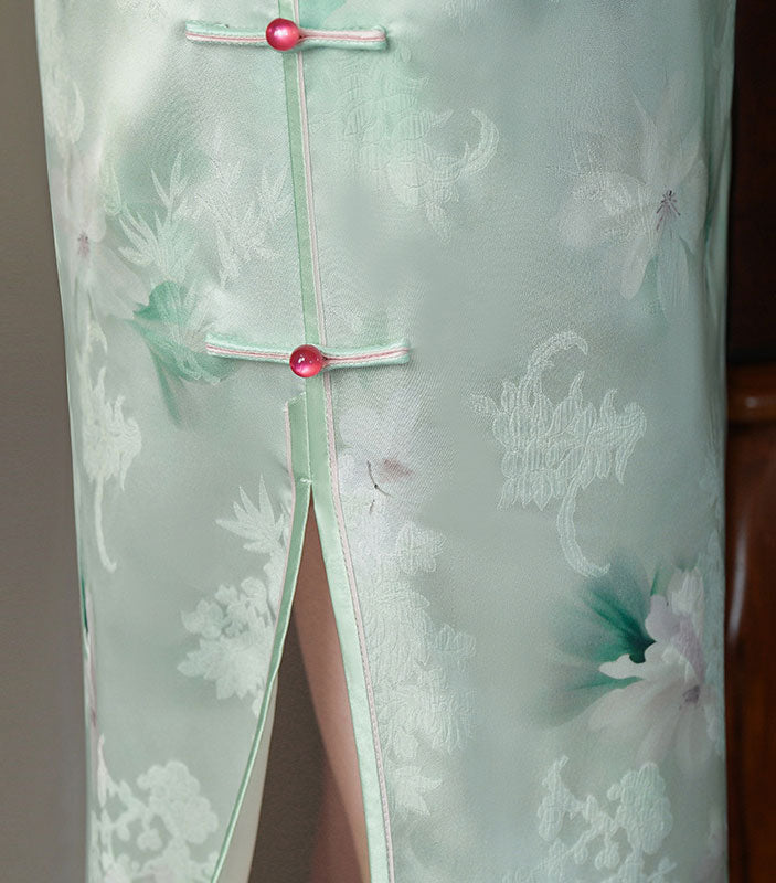 Green Jacquard Floral Cheongsam Qipao Dress