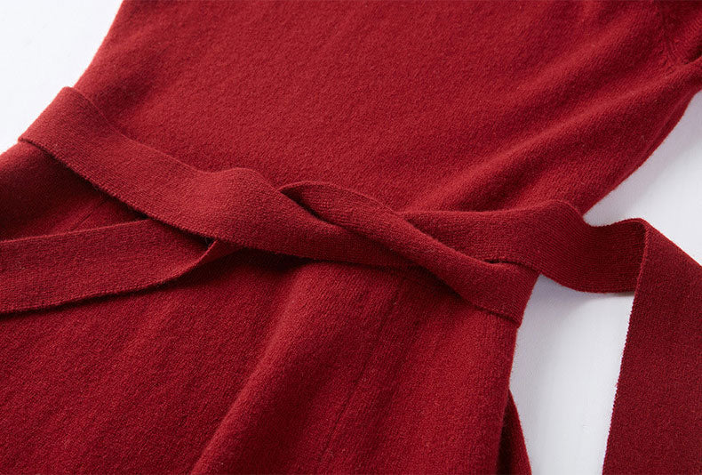 Black Red Winter Knit Sweater Belt A-line Maxi Dress
