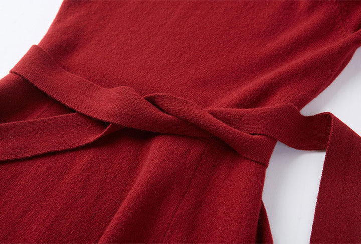 Black Red Winter Knit Sweater Belt A-line Maxi Dress